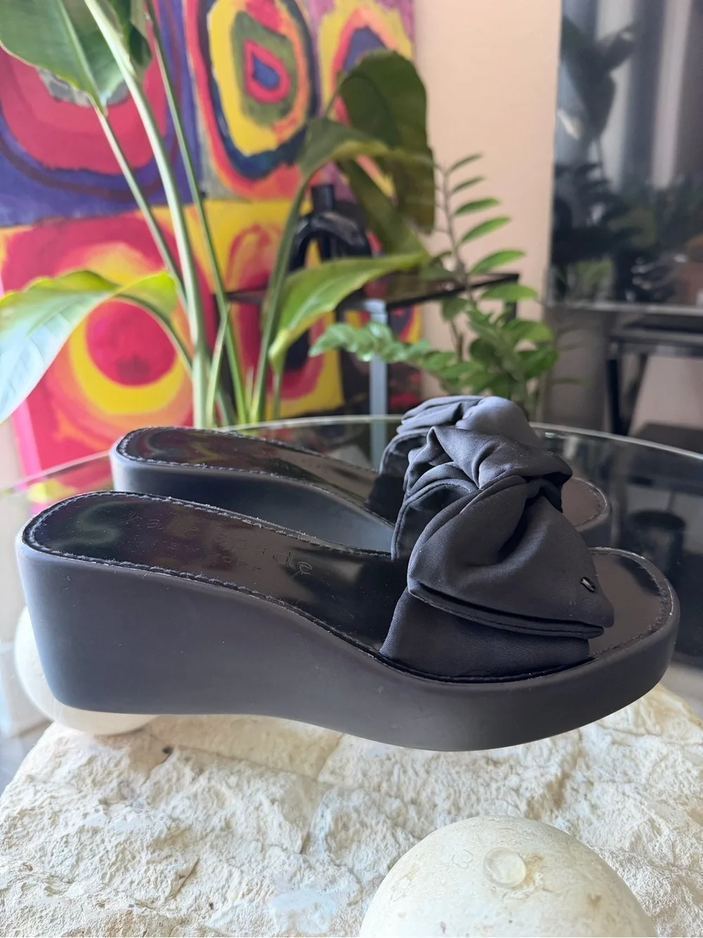 Kate Spade New York Bikini Wedge Platform Slide Sandals Black Bow US 7.5